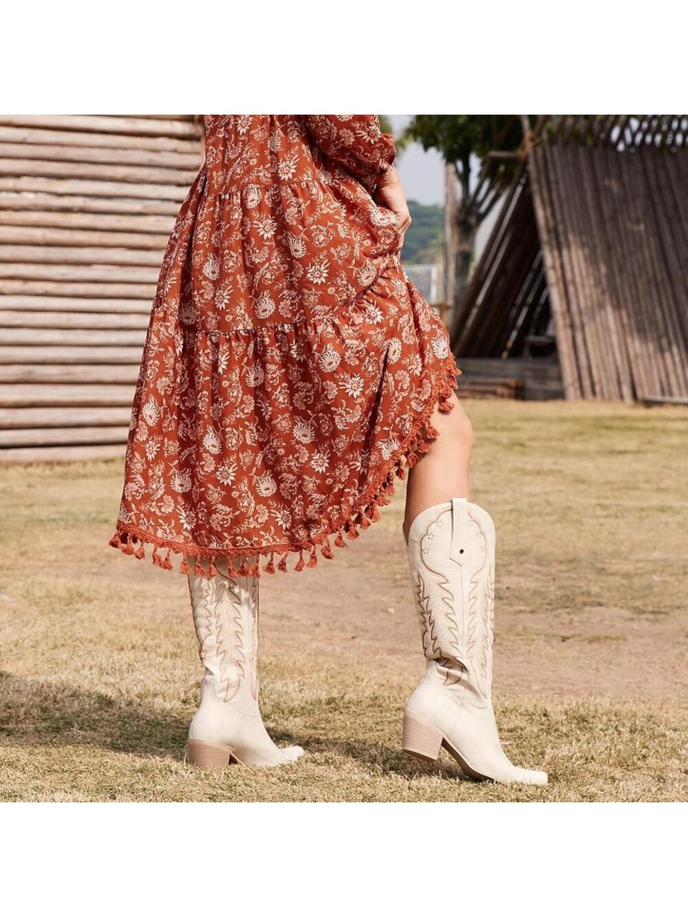 Women's Beige Cowboy Knee High Cowgirl Boots Pointed Toe Chunky Heels - Picture 3 of 6